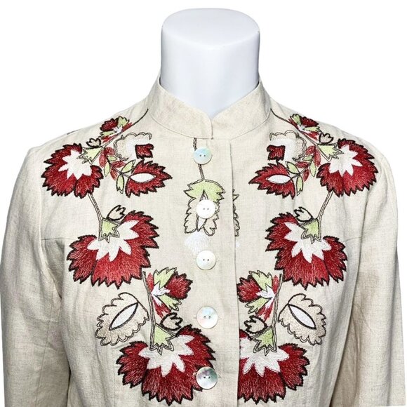 BLOOMINGDALES Embroidered Long Linen Button Front Nehru Jacket - Picture 4 of 8